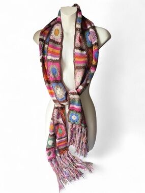Lucky Brand Multicolor Crochet Fringe Scarf in Brown, Pink, Blue, Green